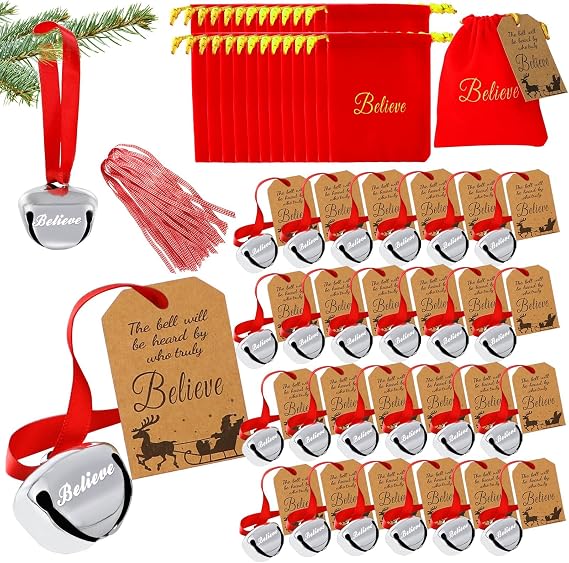 Christmas Believe Bell Ornaments, Polar Express Bell, Silver Sleigh Bell, Christmas Favors Bulk Tree Bell Decoration Holiday Treat Gifts for Kids & Adults - 72Pcs