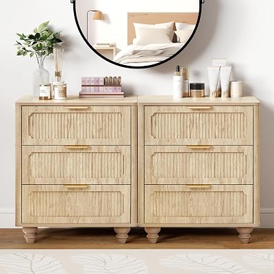 Fluted Nightstand Set 2 22.9 Wood Nightstands with Drawers Bedside Table Set of 2 Mid Century Drawer Dresser for Bedroom Living Room Natural