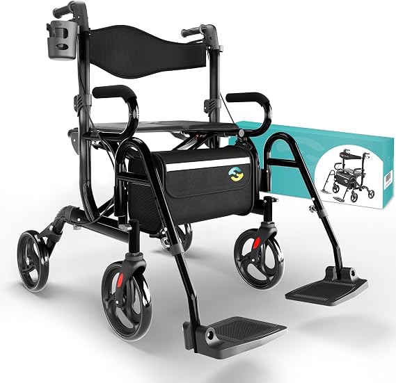 Helavo 2 in 1 Walker Wheelchair Combo, Convertible to a Transport Chair