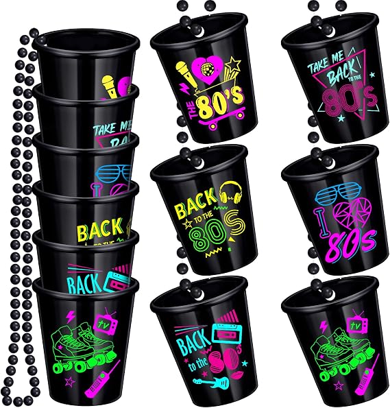 Janmercy 12 Pcs 80s Theme Party Decorations Shot Glass Necklaces for Adults