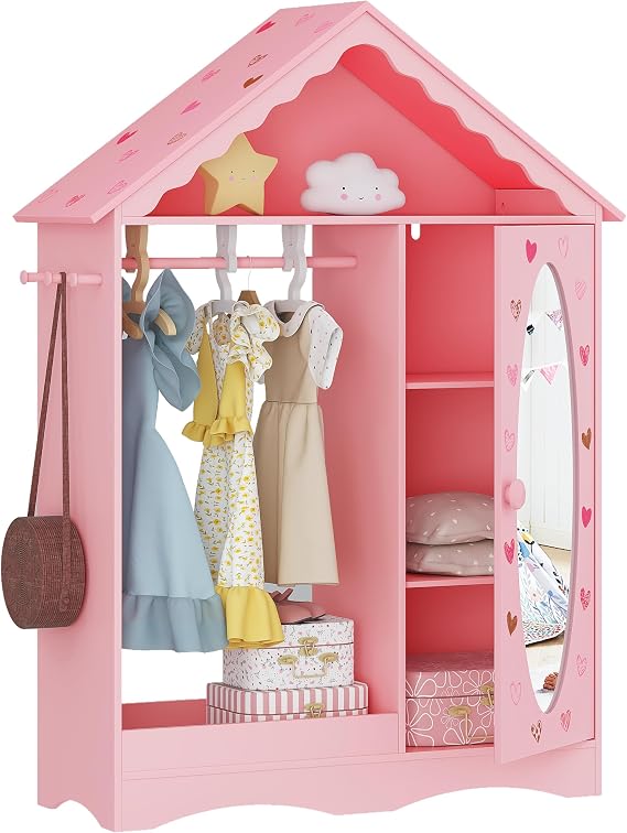 UTEX Dollhouse Kids Dress Up Wardrobe with Storage Cabinet and Mirror