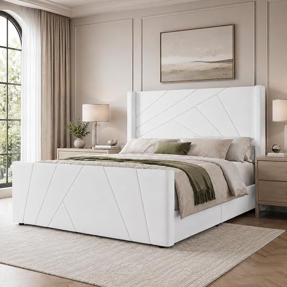 BarnFurin Queen Bed Frame with Geometric Wingback Headboard, Cream White