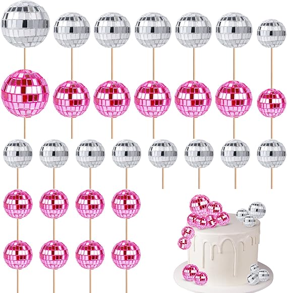 30pcs Disco Ball Cupcake Toppers, 70s Retro Cake Decorations with Stick Shiny Mini Disco Ball Picks Disco Theme Party Supplies for Dessert Birthday Decorations Ornament Small (Pink, Silver) | Shiny Mini Disco Ball Picks Disco Theme Party Supplies for Dessert Birthday Decorations Ornament Small (Pink, Silver)