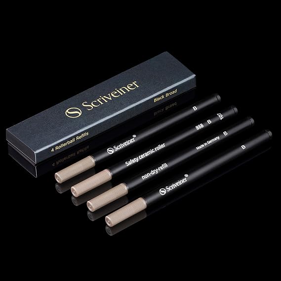 Scriveiner Rollerball Refill Black Broad - 4 Rollerball Refills Designed for Scriveiner Pens - Safety Ceramic Non Dry Roller Pen Refill B - Schmidt 888 Size Made in Germany