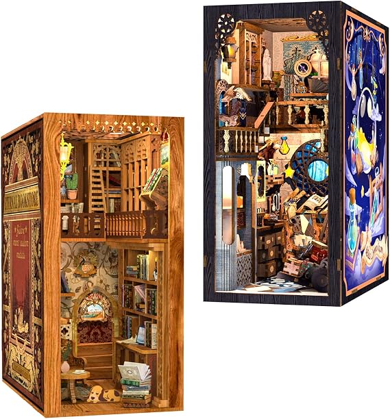 CUTEBEE DIY Book Nook Kit, DIY Dollhouse Booknook Bookshelf Insert Decor Alley, Bookends Model Build-Creativity Kit with LED Light (Eternal Bookstore)(Nebula Common Room)