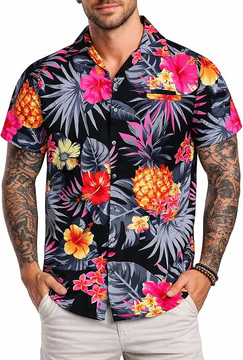 King Kameha Men’s Hawaiian Shirt Short Sleeve – Aloha Summer Shirt with Pineapple Print, Lightweight and Easy Care