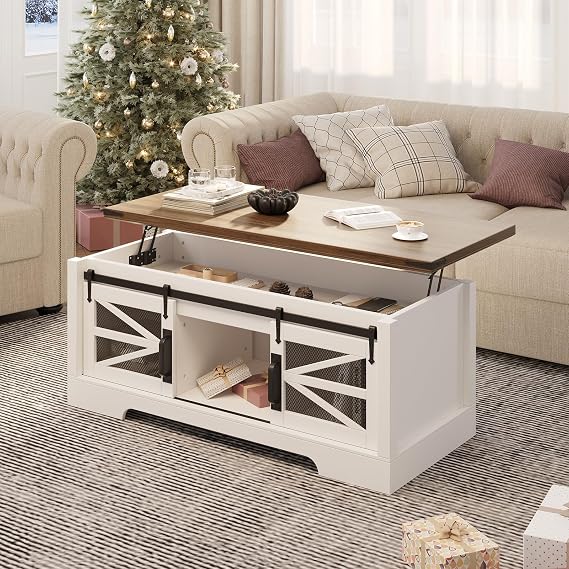 Lift Top Coffee Table, 47.2 in Multifunction Coffee Table with Sliding Barn Door, Hidden Storage Compartment, Lifting Table Top and Adjustable Shelf, Farmhouse Rustic Center Dining Table, A