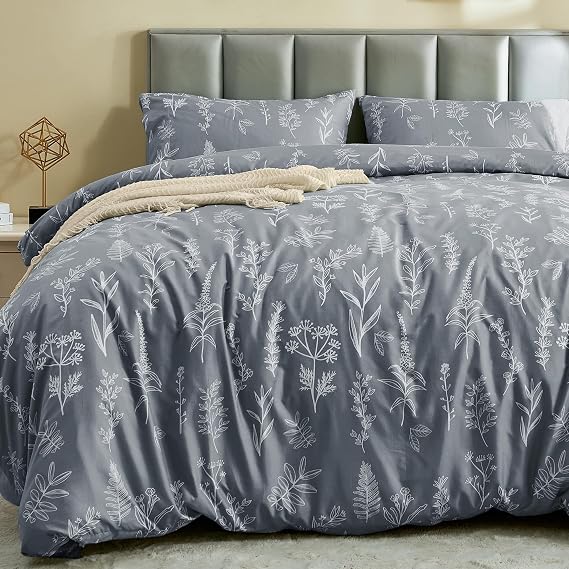 MUXHOMO Floral Duvet Cover Set 3 PCS White Leaves King + Mattress Protector King