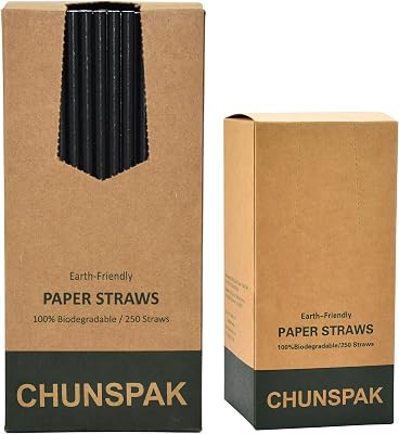 Black Paper Straws, Solid black250 Bulk, Biodegradable Paper Drinking Straws for Cocktail, Drinks, Bars and Restaurant, 7.75x0.24