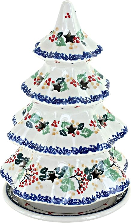 Blue Rose Polish Pottery - Red Holly Large Christmas Tree Luminary - 8" Tall - Hand-Painted Polish Pottery Holiday Candle Holder, Unique Christmas Gift & Festive Decor