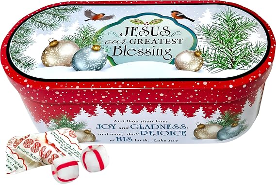 Scripture Candy, Jesus Our Greatest Blessing Christmas Tin, 4 Ounce Soft Peppermint Candy