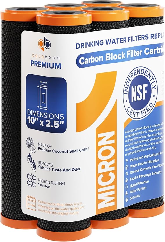 Aquaboon Premium 1 Micron Carbon Block Water Filter 10" x 2.5" 6-Pack CTO Whole House Filters for Countertop & Under Sink Systems, Compatible with FXWTC