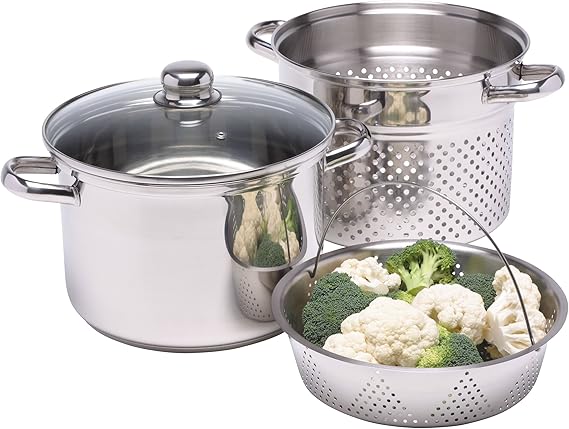 KitchenCraft World of Flavours Pasta Pot with Strainer and Vegetable Steamer Basket in Gift Box, Induction Safe, Stainless Steel, 4 litres
