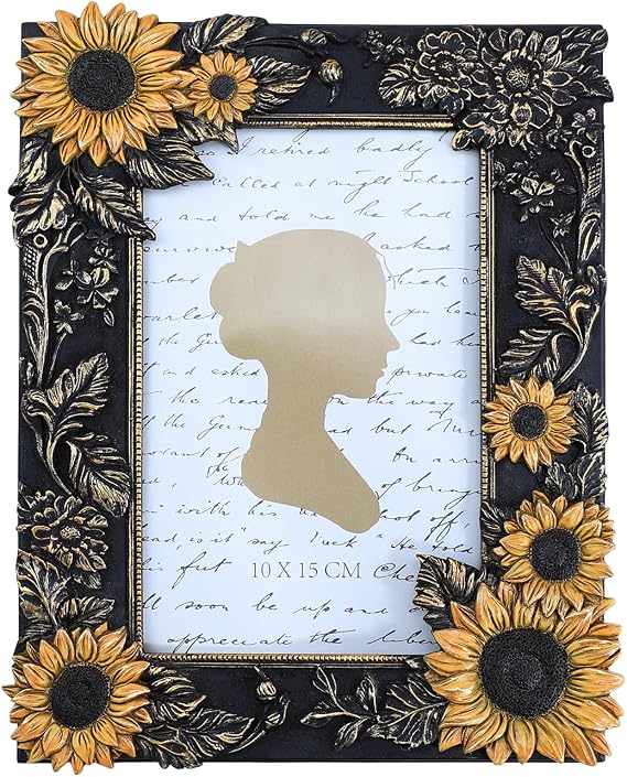 3D Embossed Golden Sunflower with Black Frame Pattern Photo Frame Photo Display Frame Picture Frame Card Frame for Desktop Table Top Display, 4 by 6 Inches