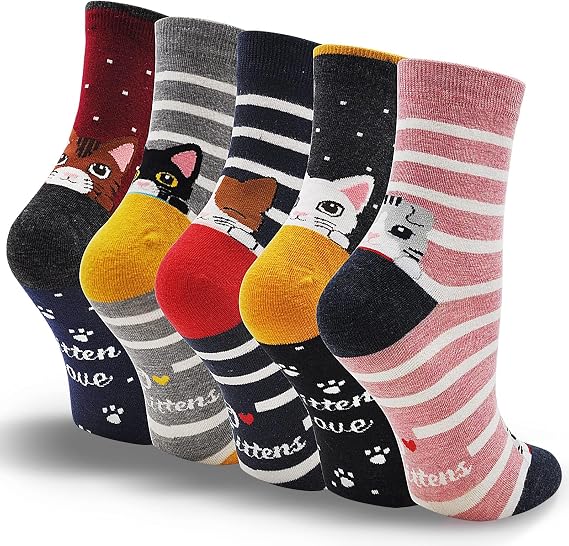 LOFIR Funny Colorful Socks Women's Animal Pattern Cute Cotton Socks Cute Cartoon Kawaii Cat Socks Novelty Socks Gift for Girls Ladies Size 35-41 5 Pairs