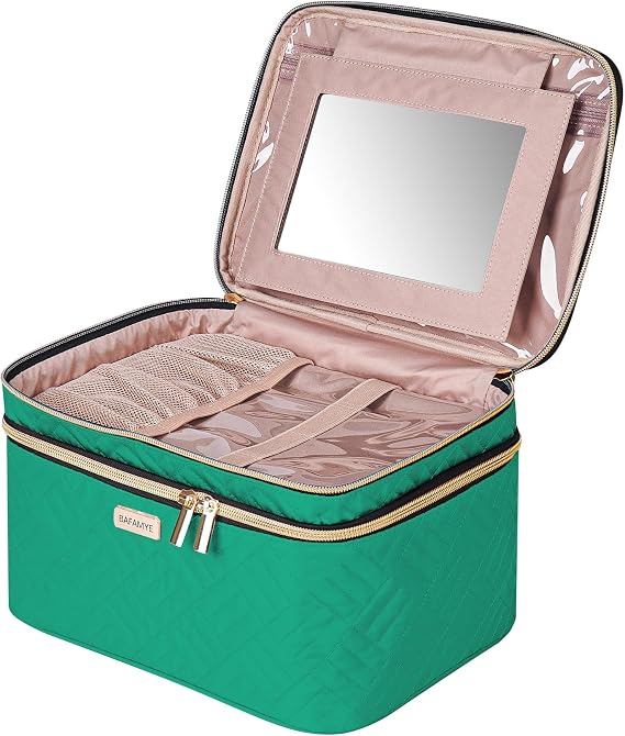 BAFAMYE 8.8L Double Layer Travel Makeup Bag With Mirror For Women, Large Cosmetic Case, Organizer for Travel-Size Accessories Bottles, Brushes,and Skin Care Products, 2.33 GAL, Green...