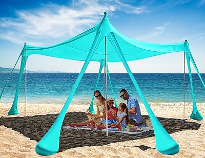 Beach Tent Canopy Beach Shade 10x10ft UPF50 Sun Shelter with 8 Sand Bags 4 Stable Poles Sand Shovel JSCARES Cabana for 8 Person Portable Outdoor Shade for Camping Trip Fishing or Picnic-Green