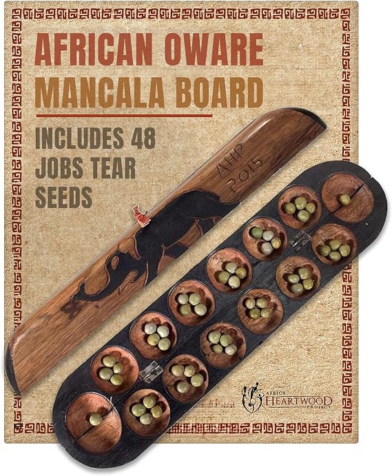 Africa Heartwood Project African Oware Mancala Board - Extended Size, Hand-Carved Solid Wood with Elephant Design, Wooden Folding Mancala 21" Board, 48 Grey, Green Tear Seeds and Playing Instructions