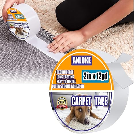 ANLOKE Double Sided Carpet Tape for Area Rugs -Rug Tape 2 Inch x 12 Yards - Residue-Free Heavy Duty Rug Tape Gripper for Hardwood Floors,Removable,