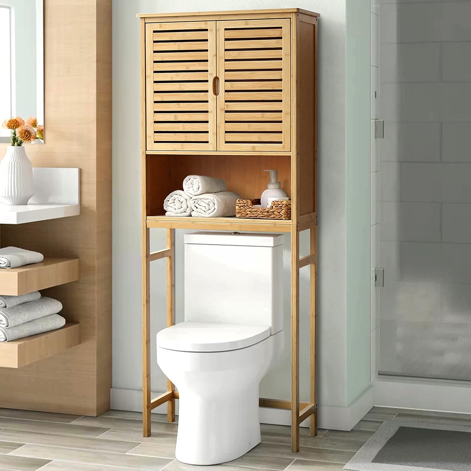 Bamboo Over The Toilet Storage Cabinet,Small Freestanding Bathroom Storage Cabinet with Doors and Towel Rack, Bathroom Organizer Over Toilet with Shelf
