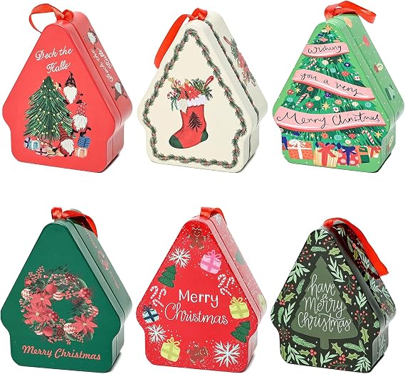 6 PCS Christmas Candy Box,Christmas Cookie Iron Box with Lids,House Shaped Tin Box,Candy Containers Tin Boxes for Chocolate Christmas Wrapping Party Favor Supplies