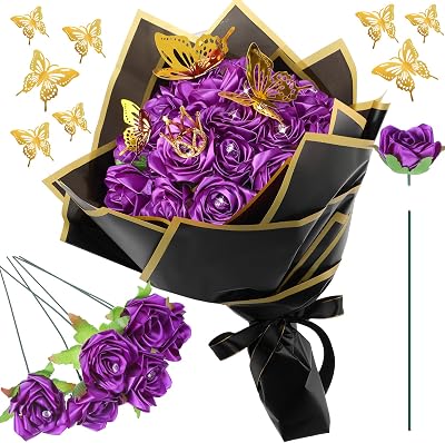 Riceshoot 25 Sets Ribbon Rose Bouquet DIY Fake Roses with Stems Faux Flowers Bouquet Kit Wrapping Paper Crown 3D Butterflies for Graduation Anniversary Birthday Wedding GiftPurple