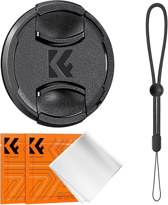 K&F CONCEPT 52mm Lens Cap Cover, 4-in-1 Center Pinch Lens Cover Black | Anti-Loss Keeper Leash Microfiber Cleaning Cloth Kits Compatible with Nikon, Canon, Sony, Fujifilm Camera Lenses, PC02