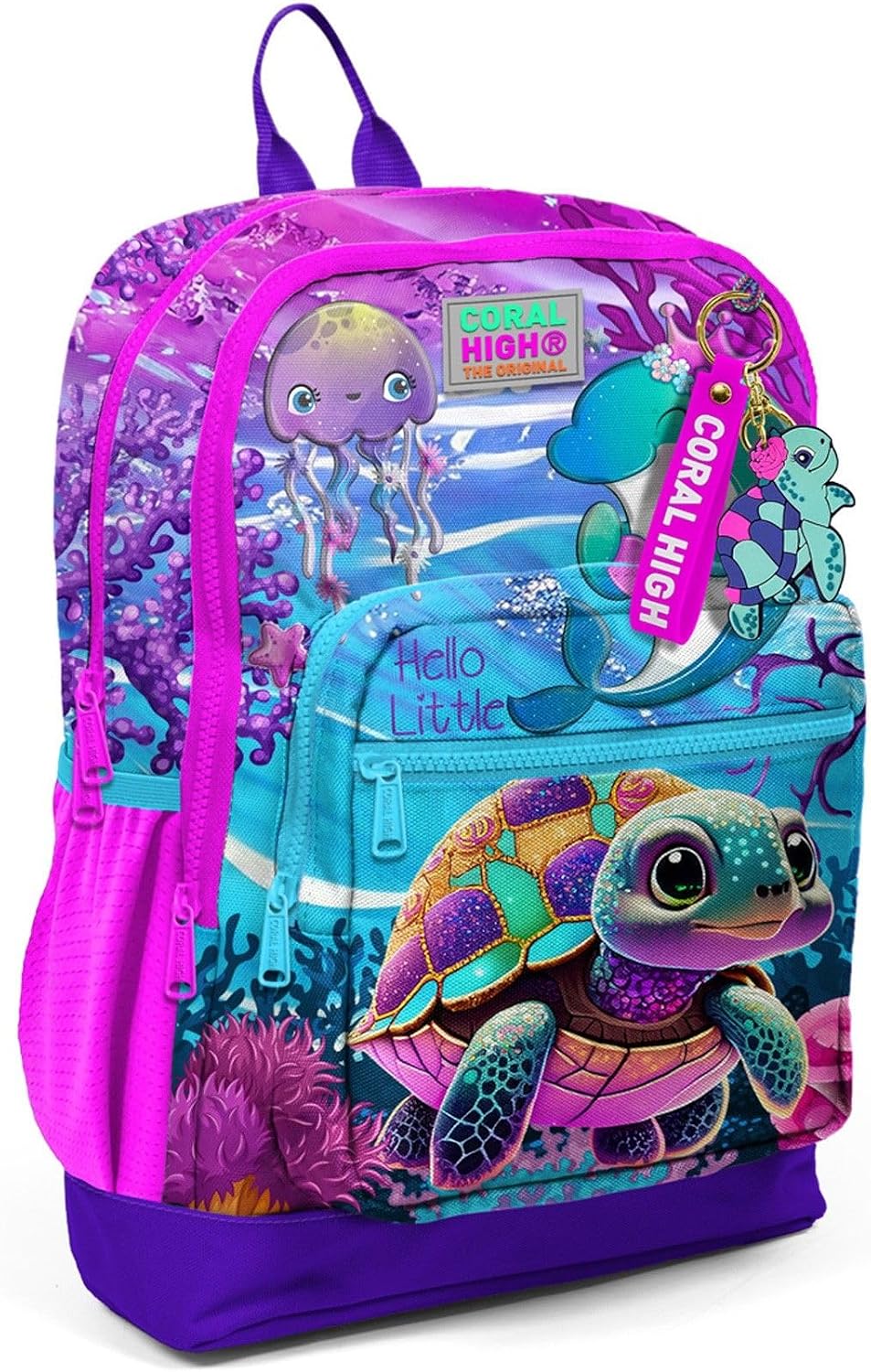 Coral High Four Compartment Pink Purple Turtle Pattern Primary School Backpack - Girls