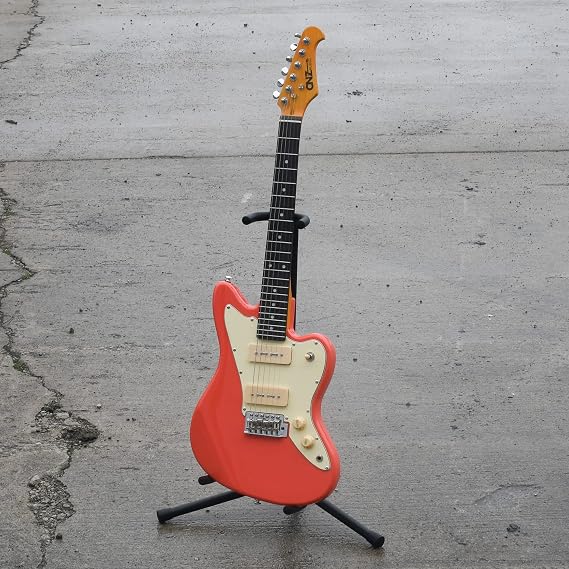 JM Mini Electric Guitar - Coral, 3-Ply Ivory Pickguard, Maple Neck, 22 Inch Short Scale (3/4 Scale, 7/8 Length), Twin P-90 Pickups, Tremolo Bar, Pure Tone Awesomeness!