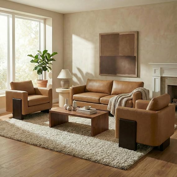 Christopher Knight Home Cozy Oversized 3-Seater Sofa Set with Two Single Chairs, Durable Modern Lounge Couch for Living Room or Office, Brown PU Leather 5-Seater Sofa Set with Rubberwood Legs
