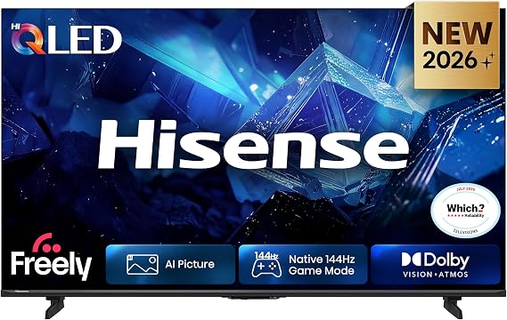 Hisense 65" 65E78STUK PRO Hi-QLED 144Hz 4K Ultra HD AI Smart TV with Freely, Netflix, Disney+ and YouTube - Hi-QLED Colour, Built-in Subwoofer, AI Smooth Motion, AMD FreeSync Premium, Filmmaker Mode