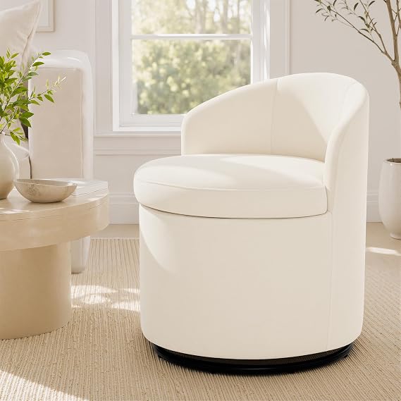 LUE BONA Vanity Stool Chair with Storage, 360 Swivel Chenille Makeup Stool with Backrest, No Assembly 38.6L Capacity Storage Ottoman Accent Chair for Bedroom, Dressing Room, Living Room, Beige