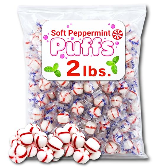 Soft Peppermint Puffs Candy, Natural Peppermint Mint Oil, Soft Melt in your mouth Peppermint Candy, 2 lb. Bag (32 oz.)
