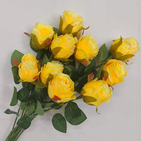 Artificial Yellow Roses 10 Pcs, Single Stem Silk Fake Roses