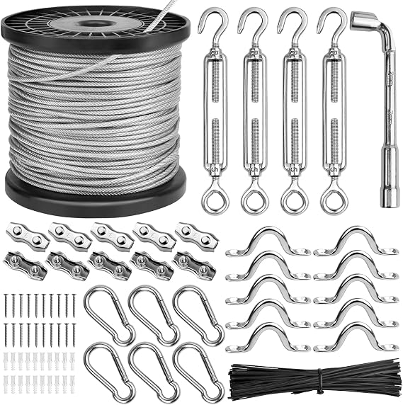 String Light Hanging Kit, Guide Wire for Outdoor String Lights, Vinyl Coated Rope Cable Outdoor Light, Include 182fts 304 Stainless Steel Wire Cable, Turnbuckle and Hooks