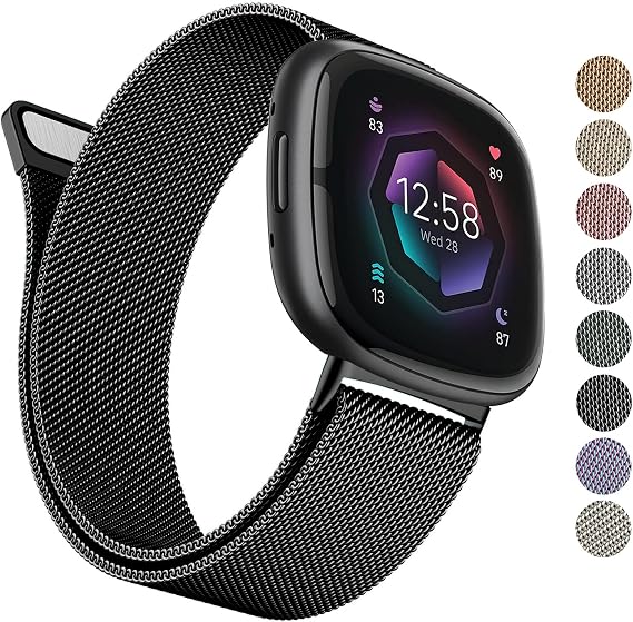 Metal Band Compatible with Fitbit Sense 2 / Versa 4 Bands, Stainless Steel Mesh Loop Magnetic Replacement Bracelet Strap for Fitbit Sense/Versa 3 (Small,Black)