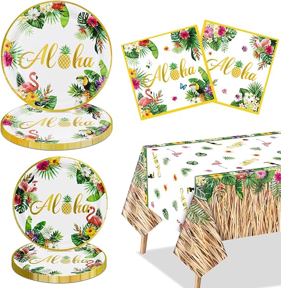 Luau Party Decorations, 61Pcs Hawaiian Party Decorations with Plates, Grass Skirt Tablecloth, Napkins for Summer Beach Party Aloha Party