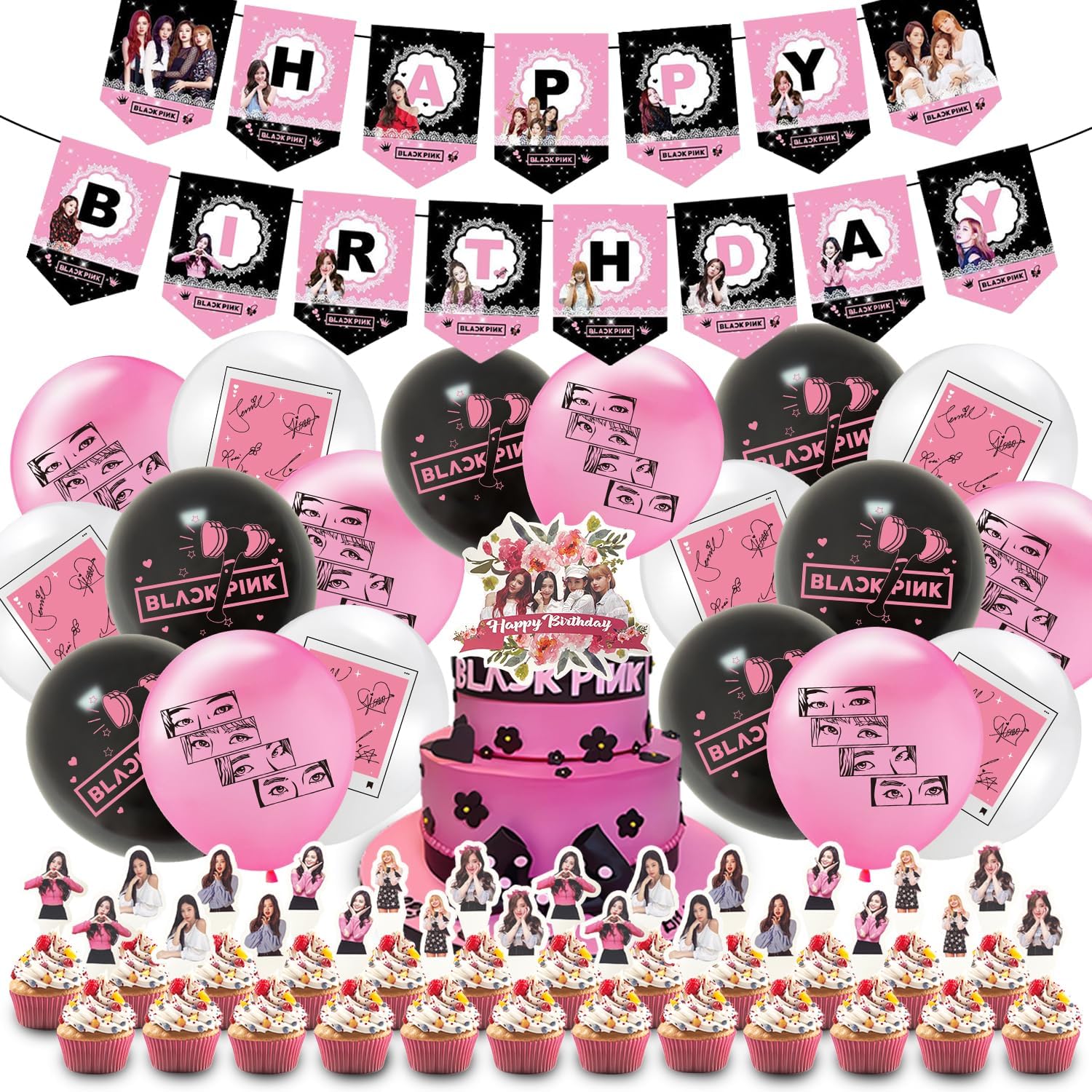 Party Decoration Set Girls, Birthday Party Decoration Girls, Party Decoration Set Girls, 36 Pieces Birthday Decoration Girls, Party Decoration Set Black and Pink, Birthday Cake Topper and Birthday