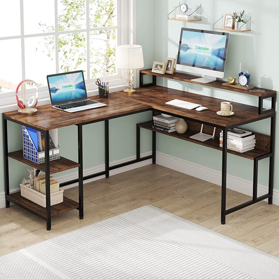 Tribesigns L Shaped Desk with Shelf, 59" Home Office Desk, Reversible Corner Computer Desk with Monitor Shelf & Bookshelf for 2 Persons, Rustic Brown