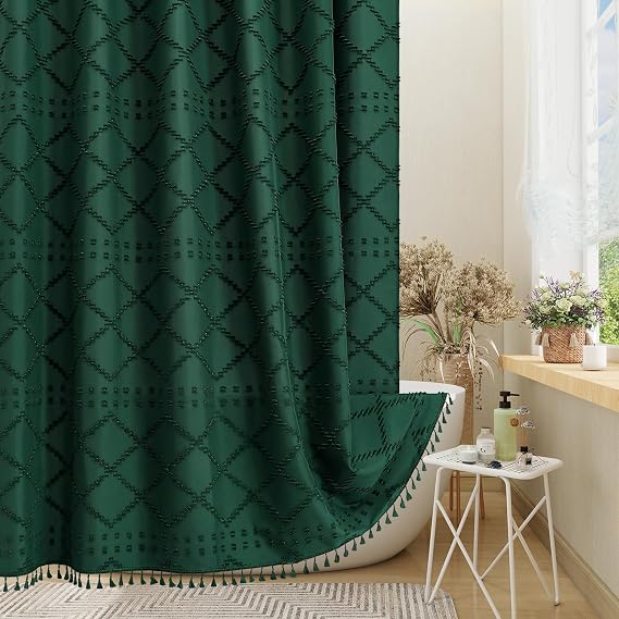 Dark Green Boho Fabric Shower Curtain with Tassel 72x78, Tufted Textured