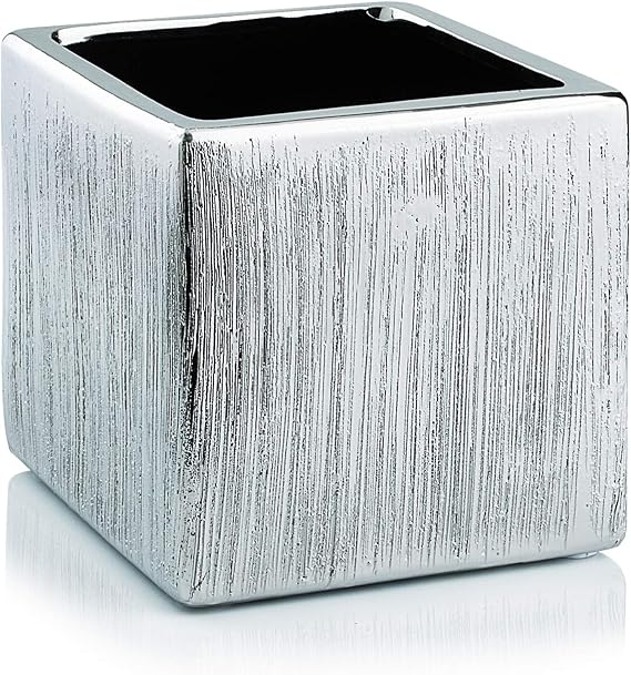 WGV Ceramic Cube Vase Width 3" Height 3" (Fits 2.5" Pot) Elegant Modern Small Square Floral Planter Terrarium Container Table Dresser for Event Accent Home Office Decor Silver Textured 1 Piece