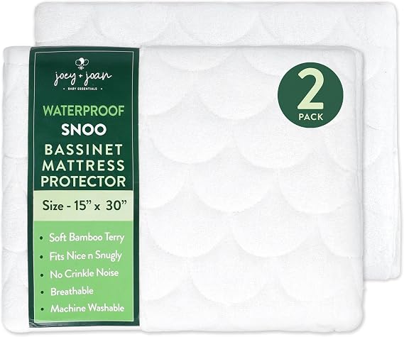 Joey + Joan Waterproof Bassinet Mattress Pad Cover Compatible with SNOO Smart Bassinet 2 Pack Quilted Mattress Protector 15" x 31"