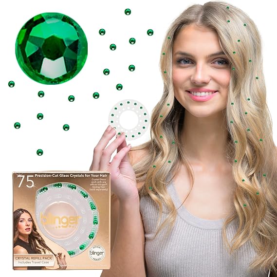 blinger Shimmer Crystal Refill Pack as seen on Shark Tank | 5 Discs 75 Precision-Cut Glass Crystals | Hair-Safe Accessories | Styling Tool Not Included| Emerald 4 mm