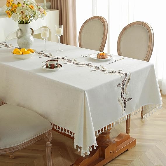 JIALE Table Cloth for Rectangle Table, 86in Brown and 86in Beige Tablecloths Heavy Duty Cotton Linen (2 pcs)