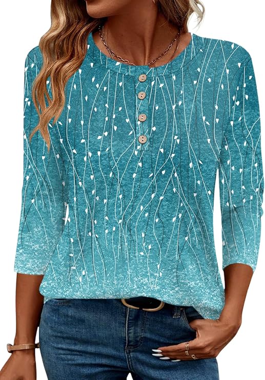 LOMON 3/4 Length Sleeve Womens Tops Crewneck Tunic Shirts