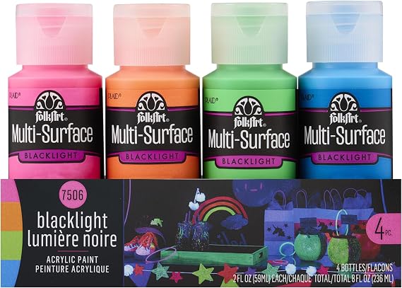 FolkArt 4 Bottle Multi-Surface Acrylic Paint Set, 2oz, Neon Blacklight Colors