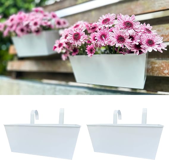LaLaGreen Large Planter Box (16 in, 2 Pack) White Metal Window Flower Pots