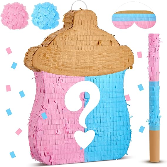 Silipull 18.5 Inch Baby Bottle Shape Gender Reveal Pinata with Pinata Stick Blindfold and Pink Blue Confetti Gender Reveal Decorations for Baby Shower Decoration Party Supplies