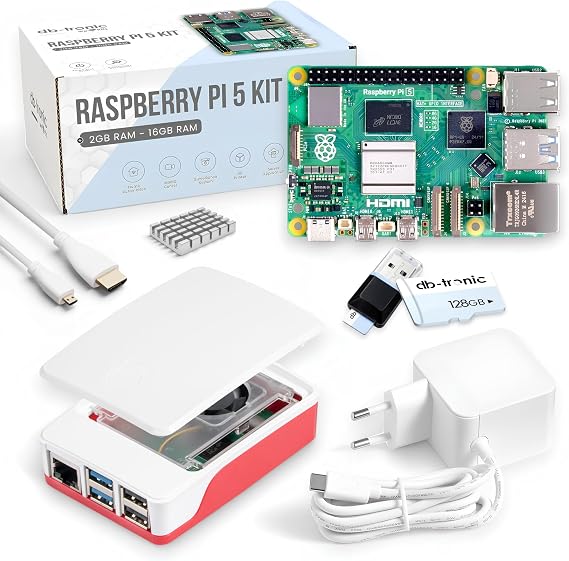 db-tronic Raspberry Pi 5 8 GB Starter Set 128 GB Edition Power Supply 27 W Housing with Fan 4K Micro HDMI Cable Ideal for Smart Home Retro Gaming & Home Assistant