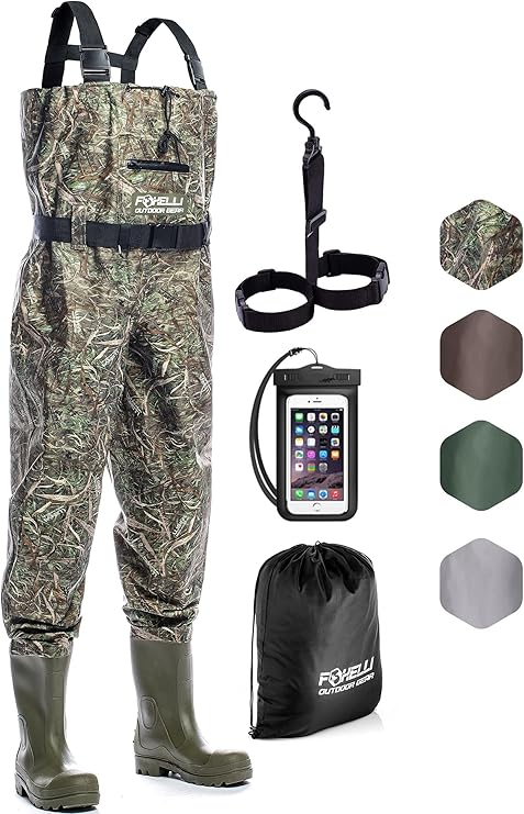 Foxelli Chest Waders Waterproof 2-ply Nylon/PVC Camo Hunting Fishing Waders for Men and Women with Boots